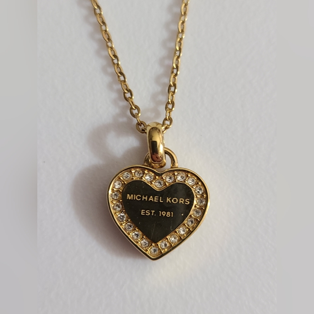 Michael Kors heart necklace stainless crystal stones logo 18" EUC